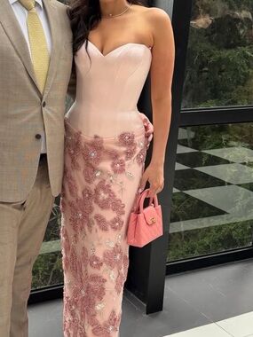Blush Strapless Embroidered Evening Dress